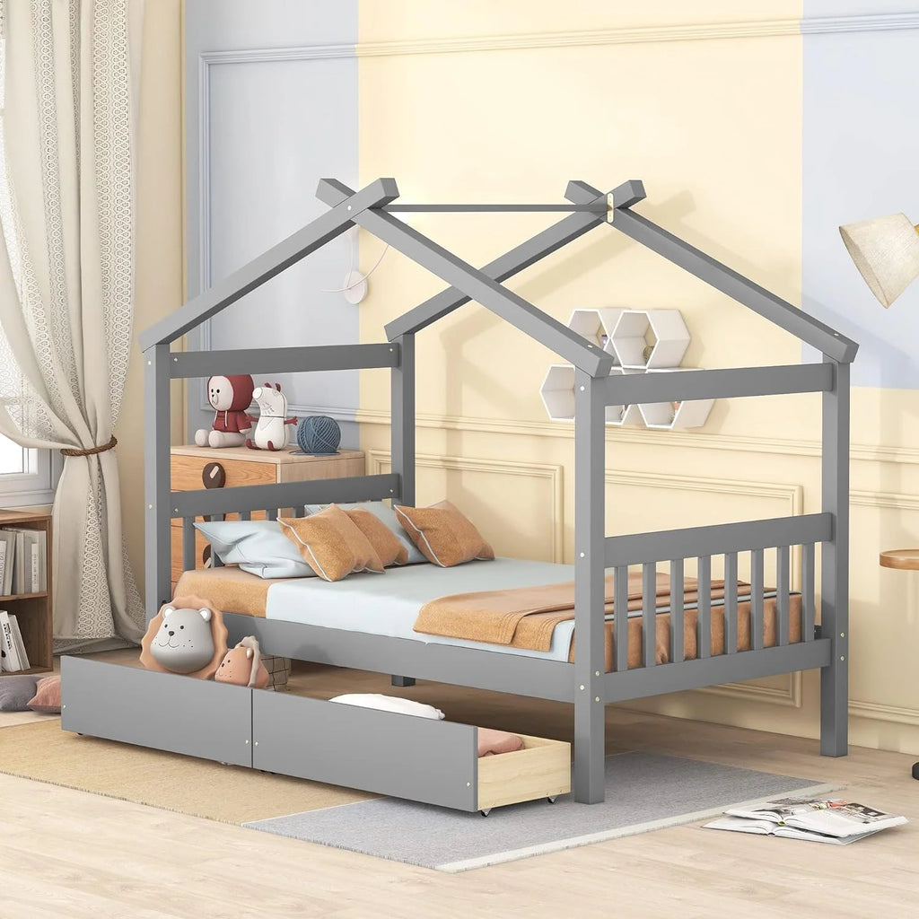 Gray Wooden Platform Bed With Drawers Y832