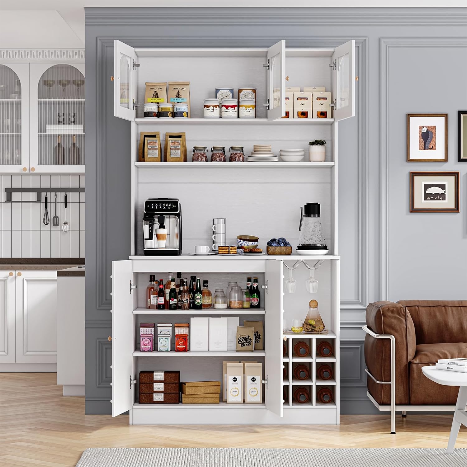 White 71" Tall Freestanding Kitchen Pantry Cabinet with Microwave Stand & Power Outlet J7364