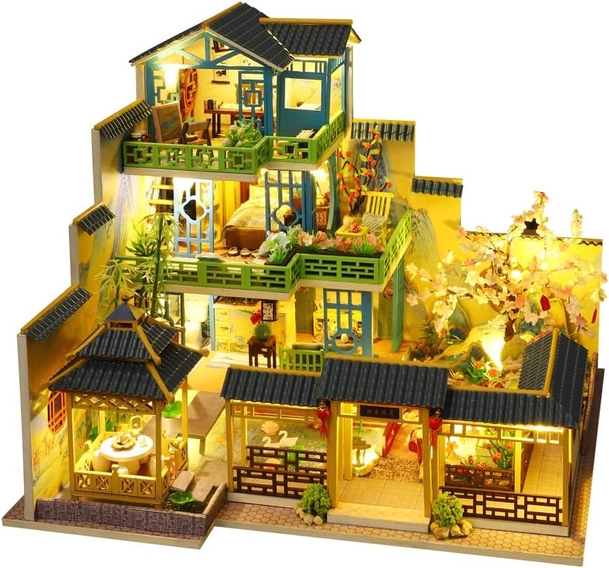 Miniature Three-Storey Villa Dolls House, Wooden Furniture, DIY Dollhouse Kit with LED Z23570