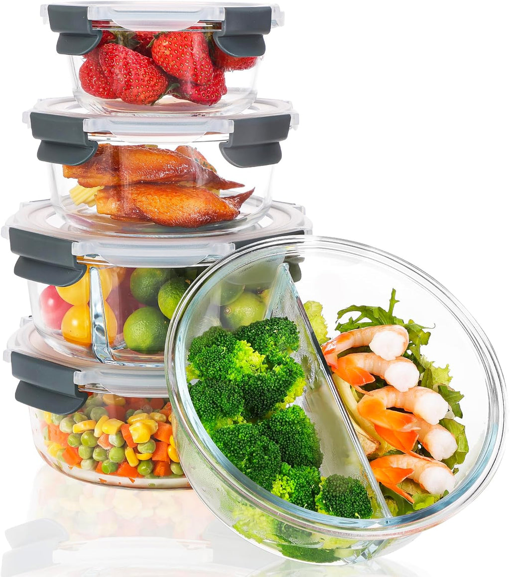 10pc Glass Food Storage Container with Lid, Gray Round Glass Meal Prep Containers D9281