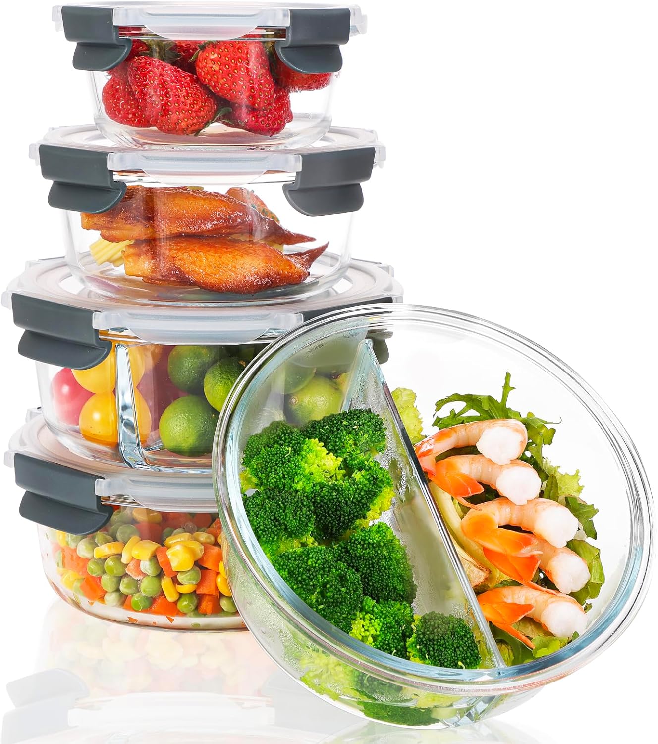 10pc Glass Food Storage Container with Lid, Gray Round Glass Meal Prep Containers D9281