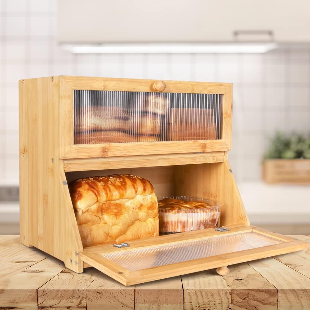 Double Layer Bamboo Bread Box with Window H1402