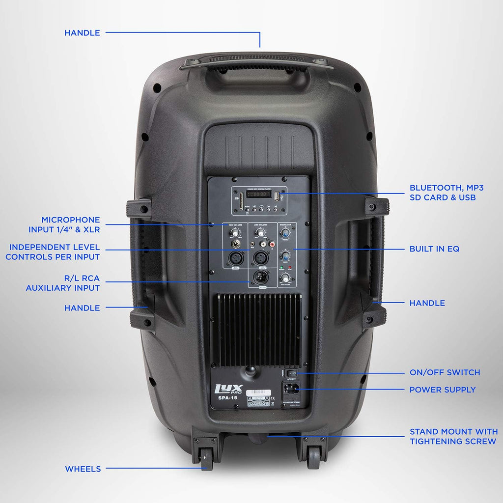 15 Inch PA Active Speaker System with Bluetooth, MP3, USB, SD Card Slot W4324