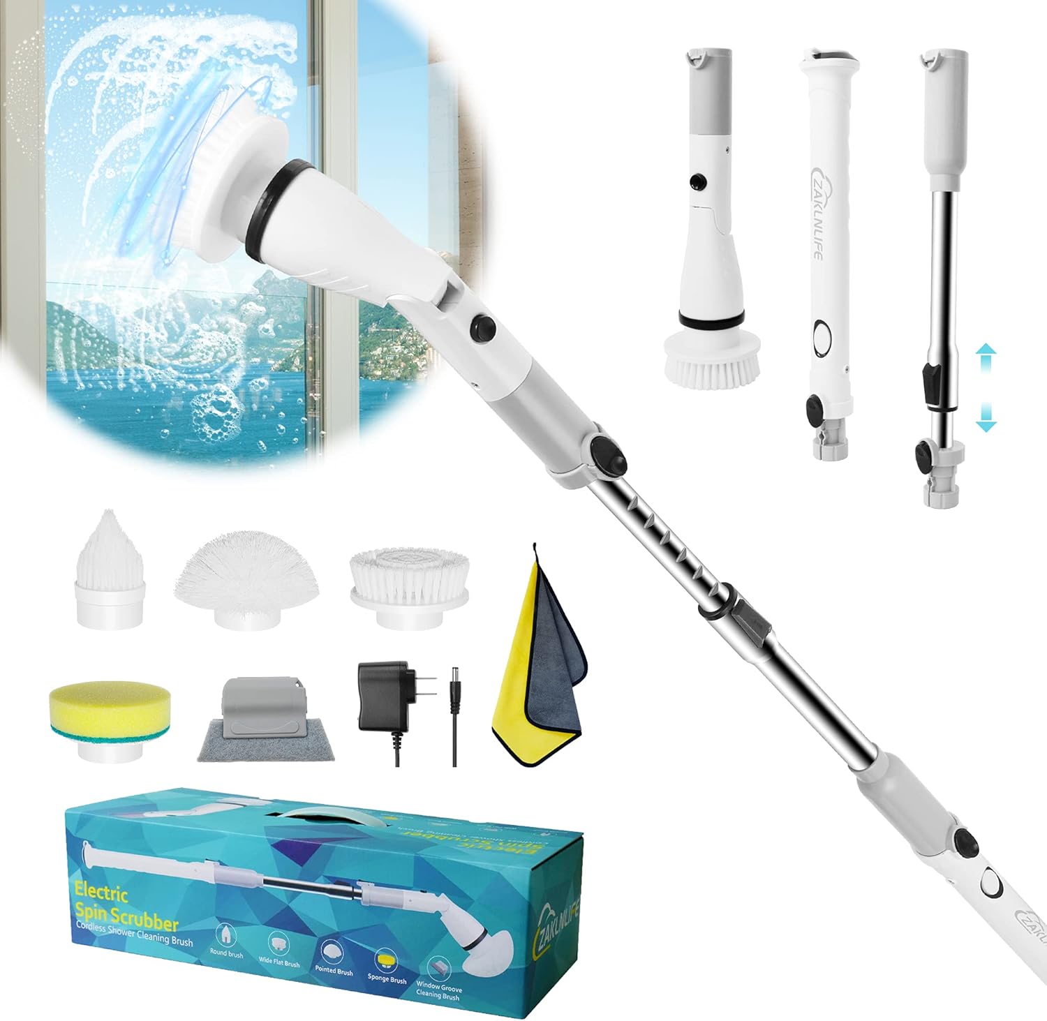 Electric Spin Scrubber with Adjustable Extension Handle & 4 Replaceable Brush Heads N8290