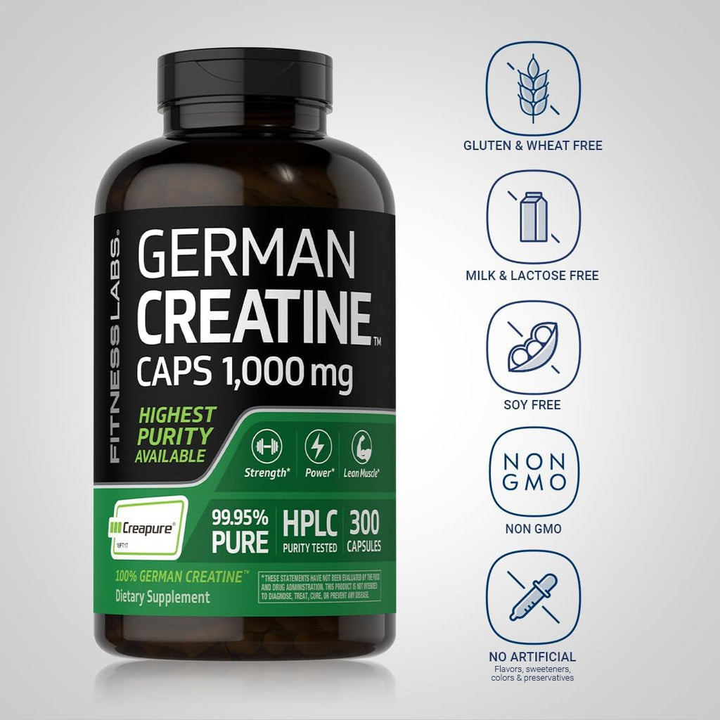 German Creatine Capsules 1000mg 300 Count Monohydrate Non-GMO Gluten Free H86227
