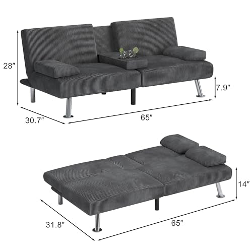 Black Linen Upholstered Convertible Folding Futon Sofa Bed with Removable Armrests, Metal Legs, 2 Cup Holders E765294