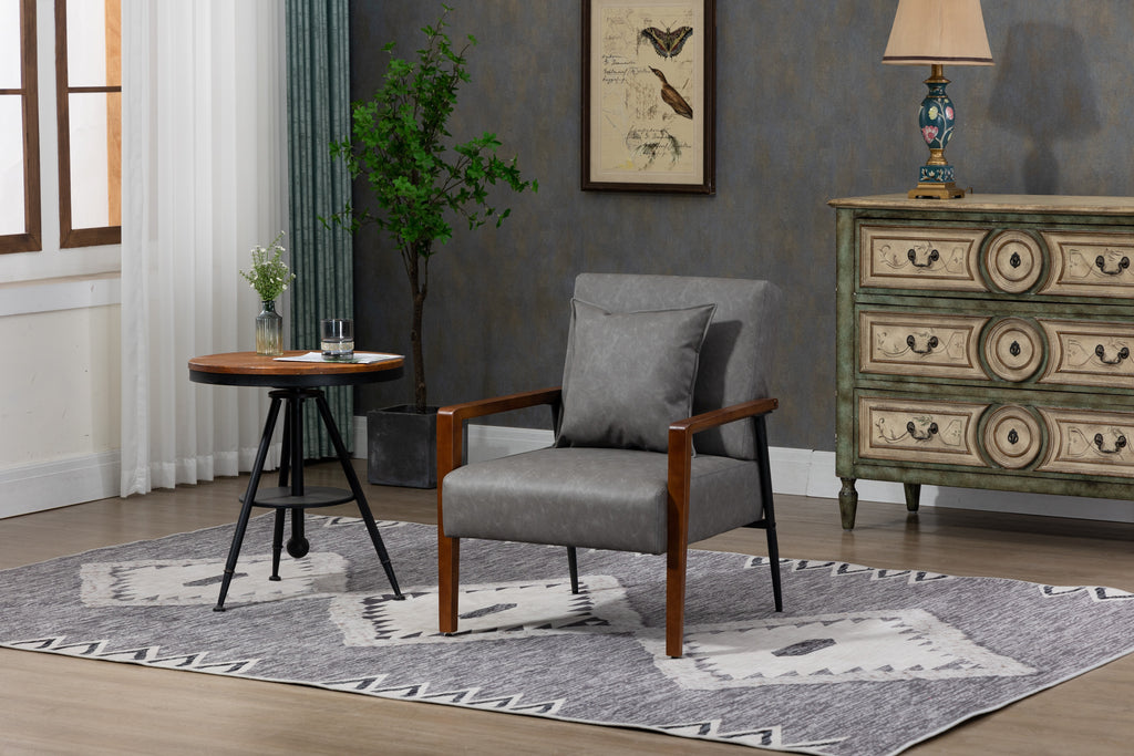 Brown Leather Armchair with Solid Wood Armrest and Removable Cushions A331
