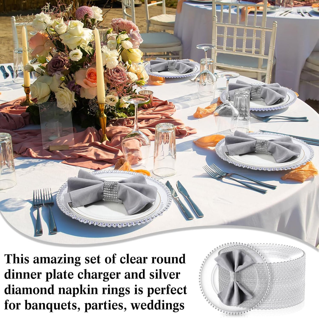 50 Pack Clear Plastic Charger Plates Set 13 Inch with Silver Beaded Rim P890304