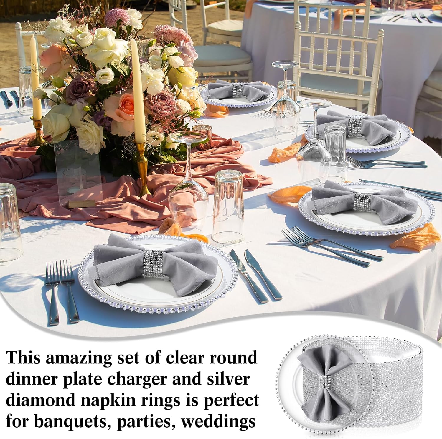 50 Pack Clear Plastic Charger Plates Set 13 Inch with Silver Beaded Rim P890304