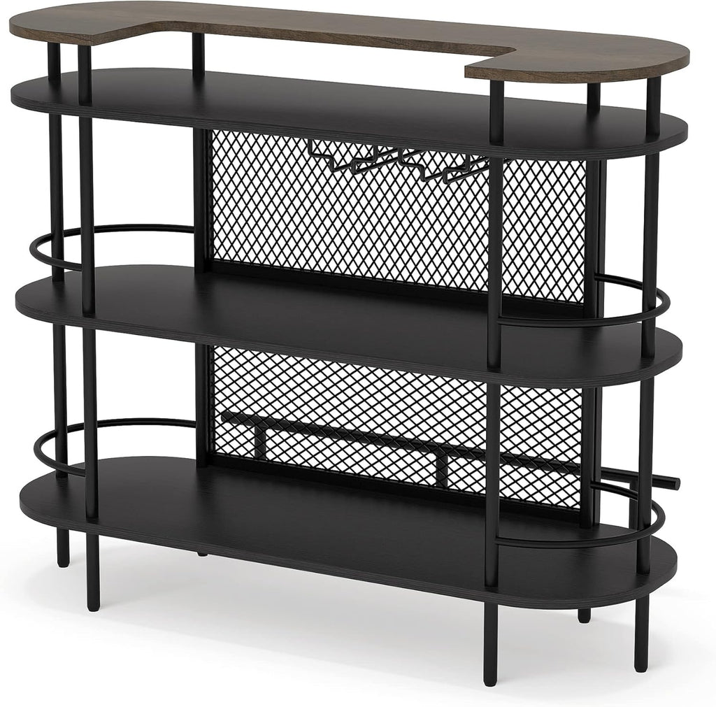Black and Walnut 4 Tier Bar Cabinet with Storage Shelves F7515