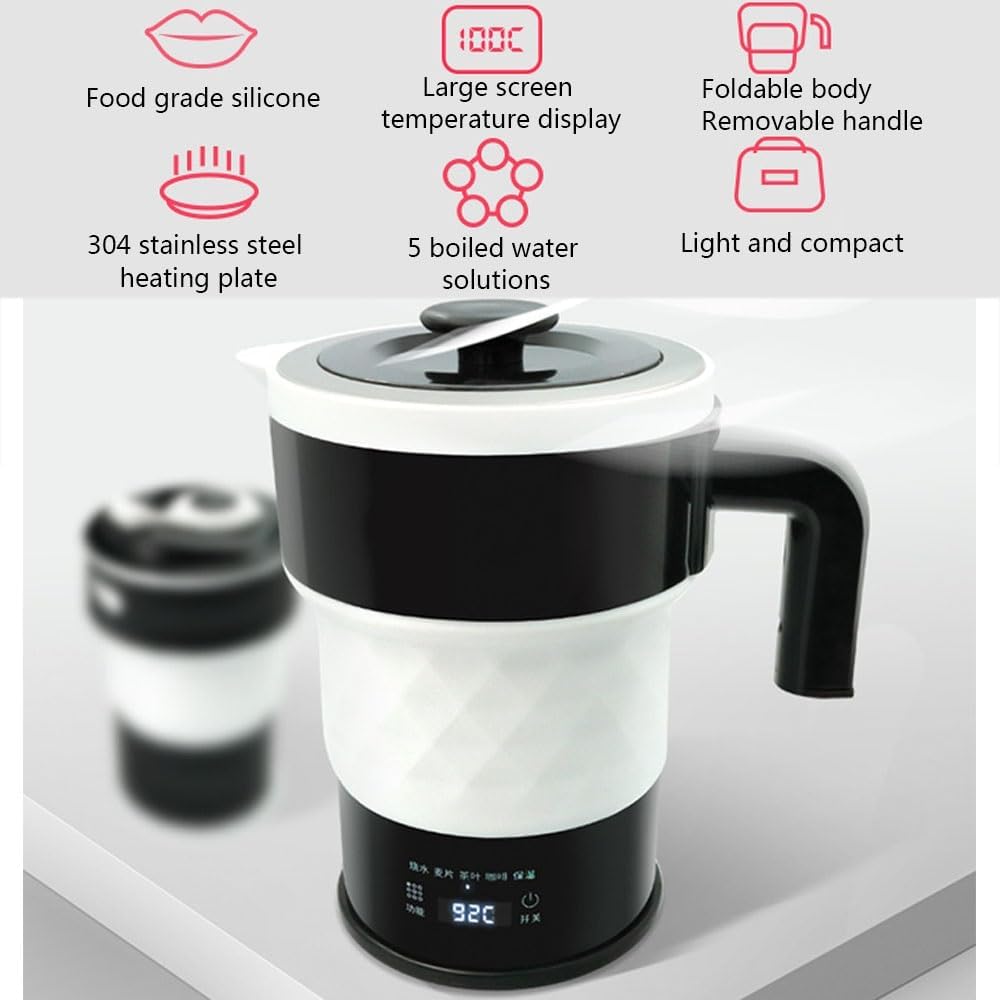Travel Foldable Electric Kettle Portable Silicone Collapsible Kettle with LED Digital Display Food Grade Silicone BPA Free Boil Dry Protection 0.6L W859303