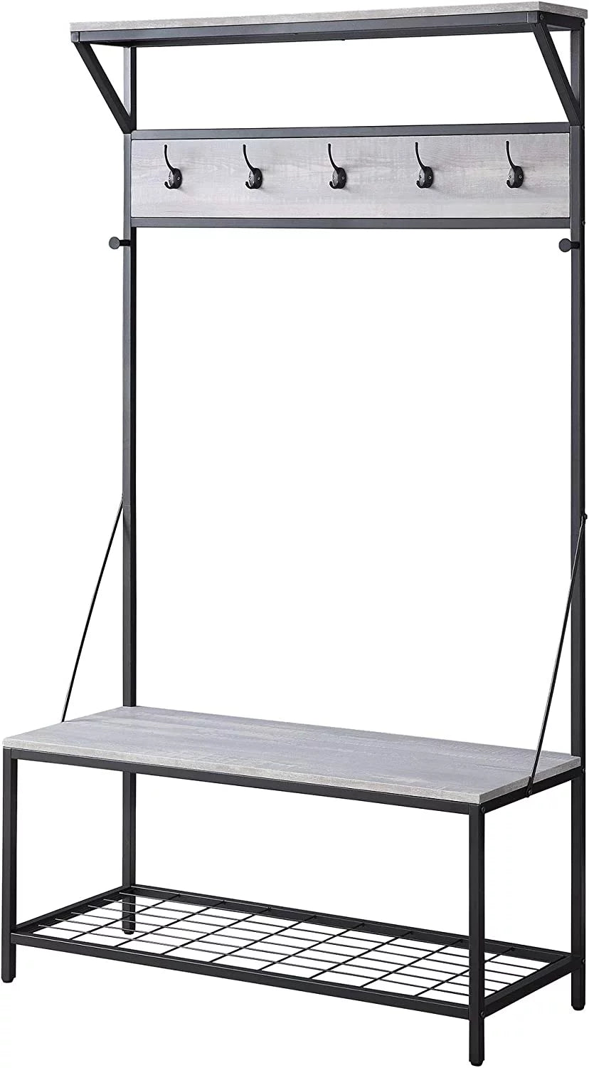 Black Metal Frame Storage Bench with Shoe Rack and Coat Stand V508628