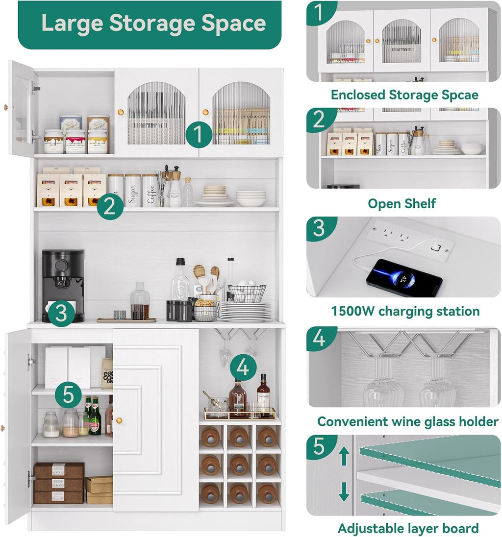 White 71" Tall Freestanding Kitchen Pantry Cabinet with Microwave Stand & Power Outlet J7364