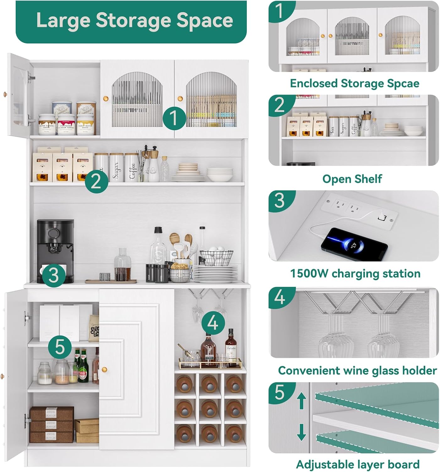 White 71" Tall Freestanding Kitchen Pantry Cabinet with Microwave Stand & Power Outlet J7364