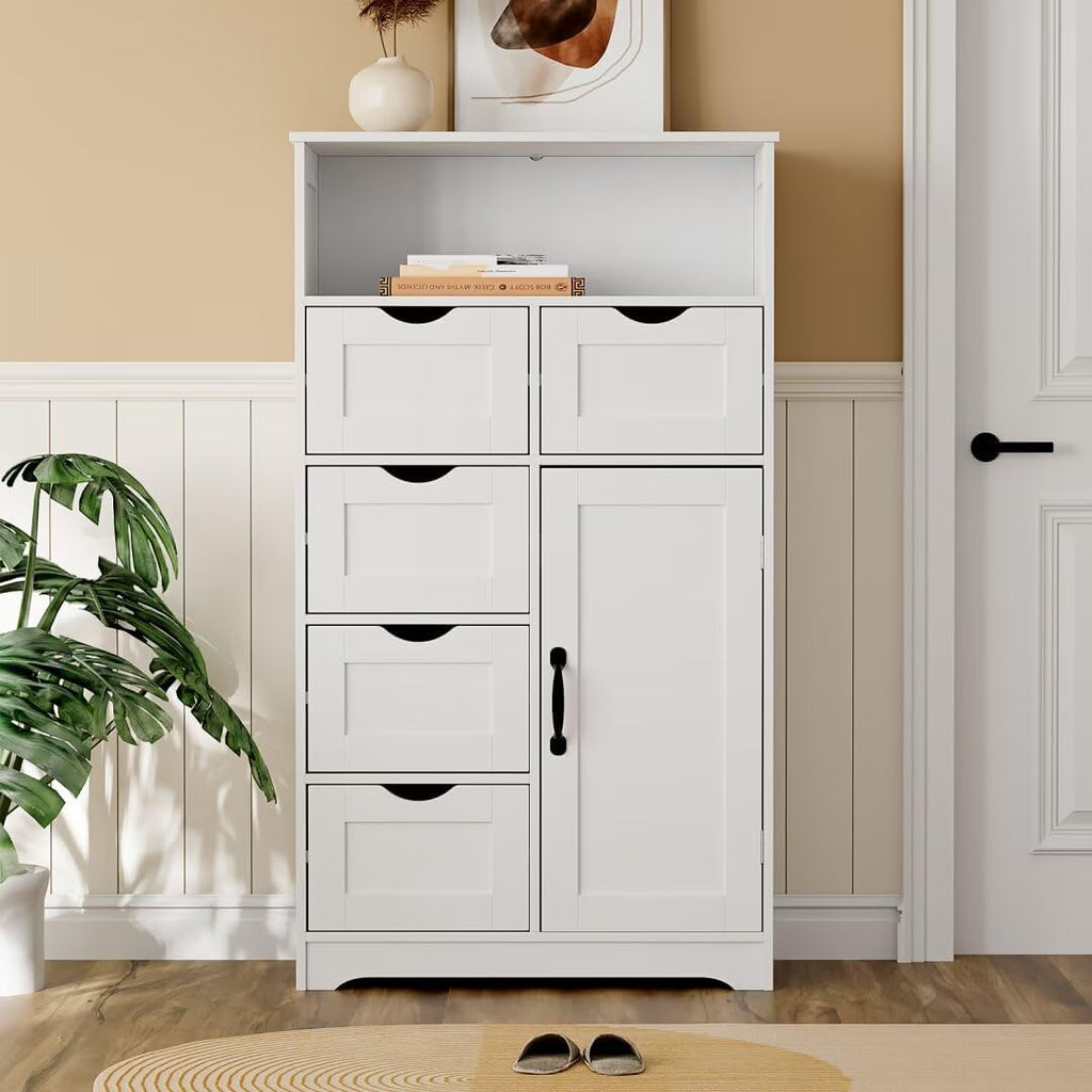 White Wooden Storage Cabinet with Five Drawers and One Door J661580