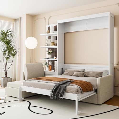 Queen Size Wooden Murphy Bed with Shelves and L-Shape Sofa W29030