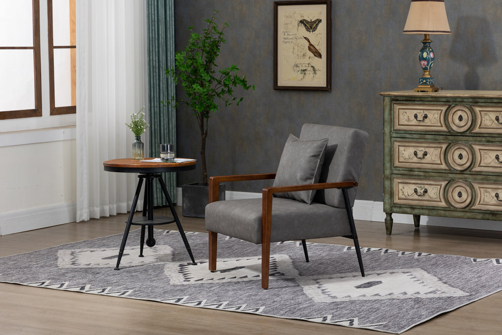 Brown Leather Armchair with Solid Wood Armrest and Removable Cushions A331