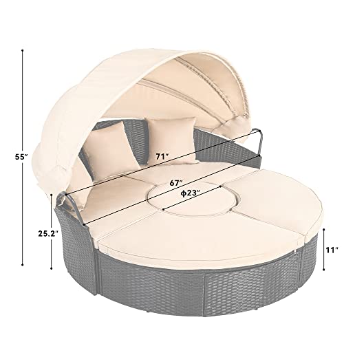 Light Brown Beige Outdoor Wicker Daybed with Retractable Canopy D523539