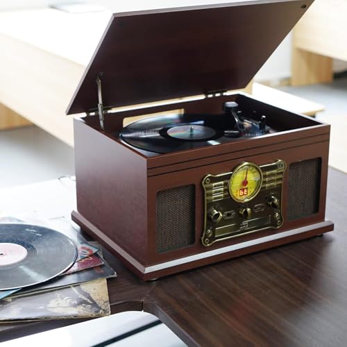 Mahogany Bluetooth Turntable with Speakers F900057