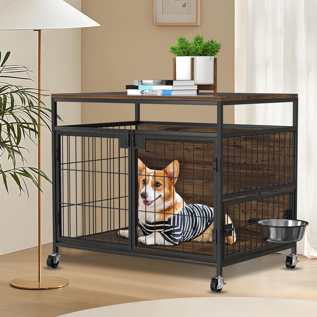 31" Heavy Duty Wooden Dog Crate Furniture with Wheels H437