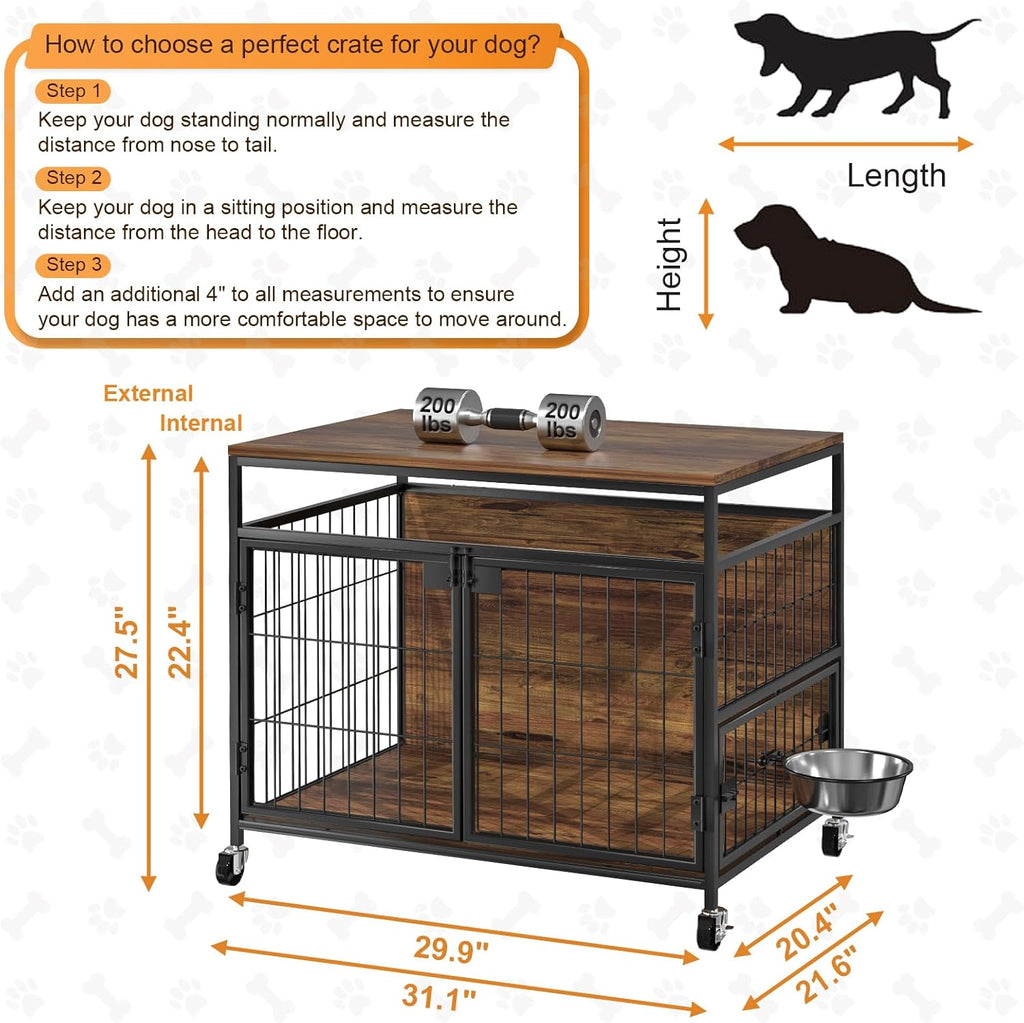 31" Heavy Duty Wooden Dog Crate Furniture with Wheels H437