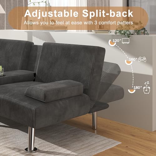 Black Linen Upholstered Convertible Folding Futon Sofa Bed with Removable Armrests, Metal Legs, 2 Cup Holders E765294