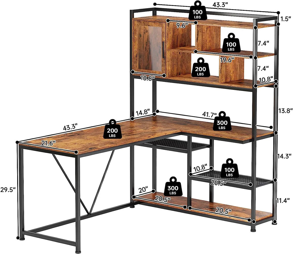 58" Brown L Shaped Gaming Desk with LED Lights and Bookshelf X87445