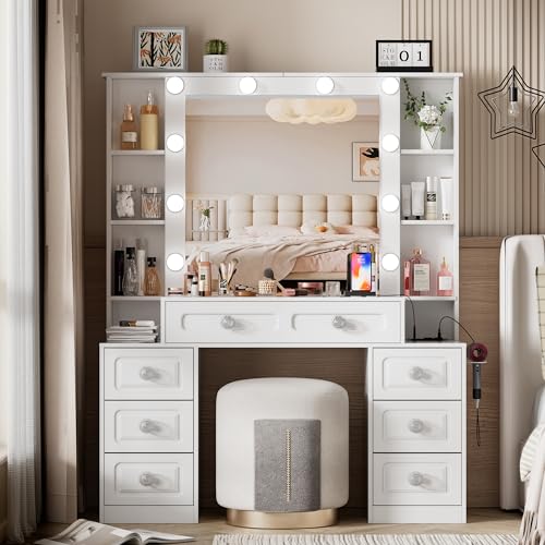 White Vanity Desk with Lighted Mirror and Drawers P341093