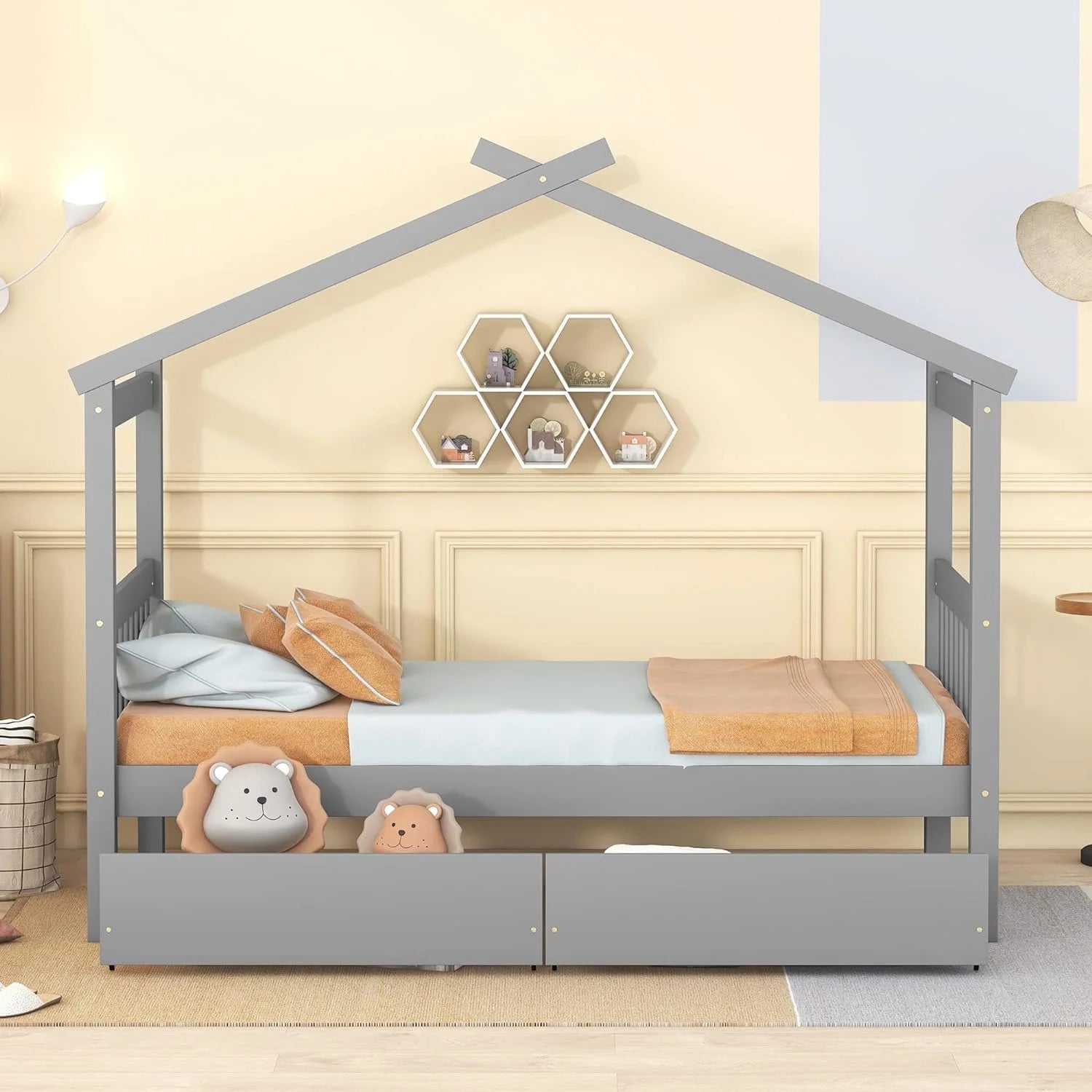 Gray Wooden Platform Bed With Drawers Y832