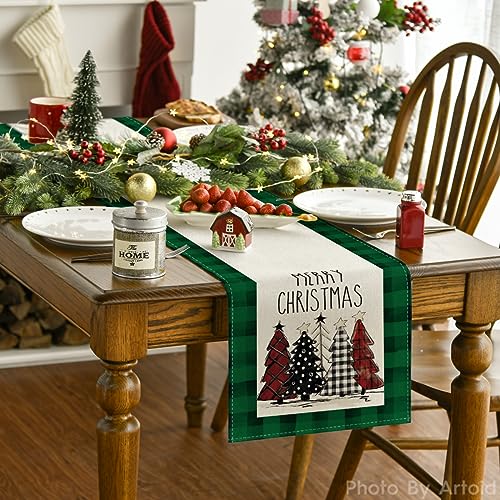 Buffalo Plaid Christmas Trees Merry Xmas Table Runner, 13 x 108 Inch S920