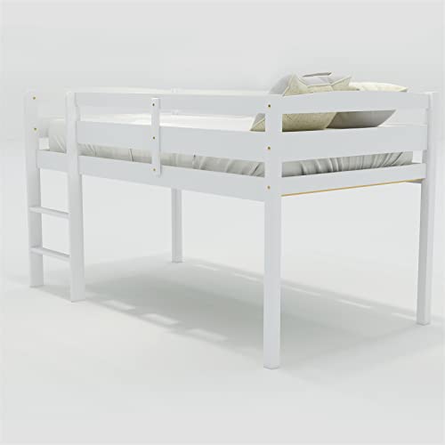White Twin Size Wooden Loft Bed Frame with Ladder Z9031