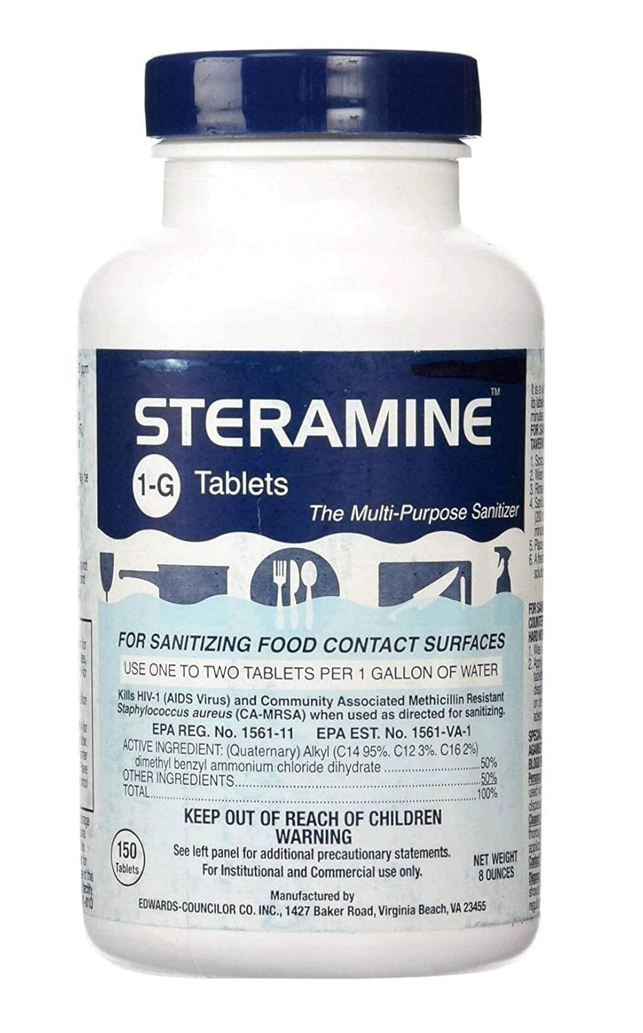150 Sanitizer Tablets per Bottle, Blue, Pack of 1 Bottle K230
