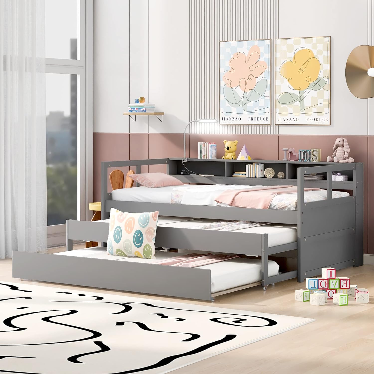 Gray Twin XL Wood Platform Daybed with 2 Trundle Beds and Storage Headboard U643767