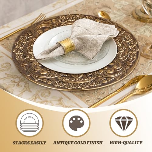13" Antique Gold Round Plastic Charger Plates, Set of 6 E25144