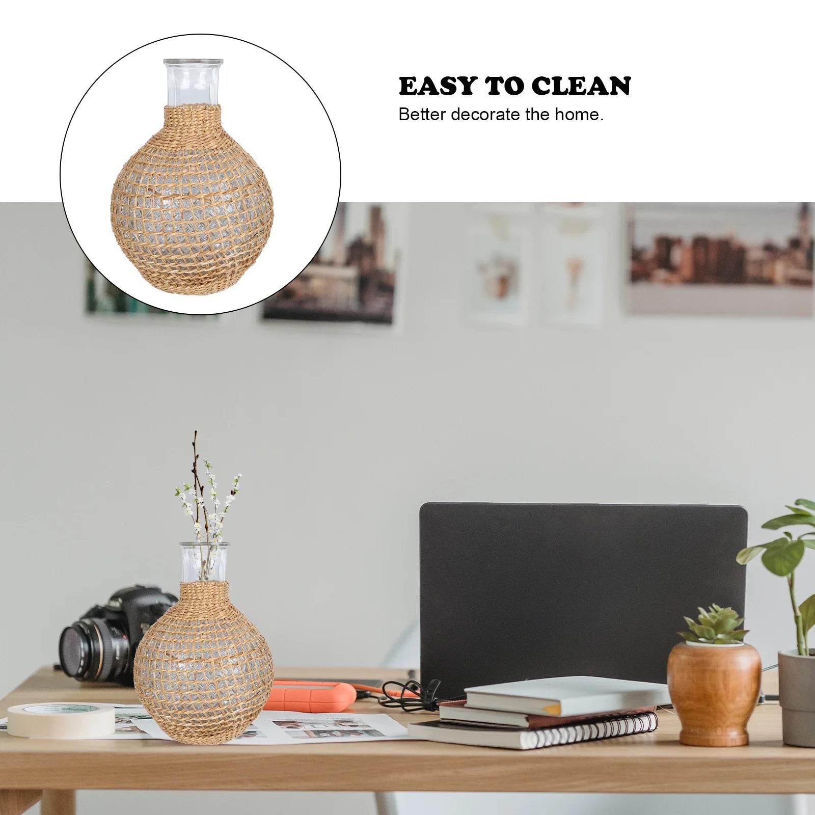 Rattan Glass Vase Clear Gold Terrarium Jar Vases Decoration Brown D12695