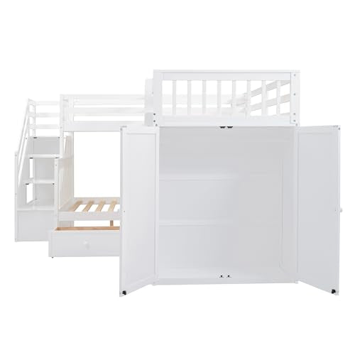 Espresso Wood Twin-Over-Full Triple Bunk Beds with Stairs, Desk, Wardrobe, Storage, Shelves and Drawers Z821