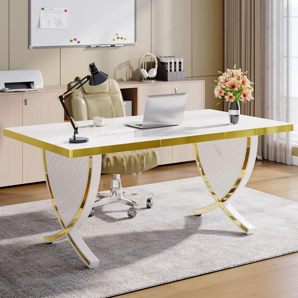 White & Gold 63" Glossy Computer Desk I154