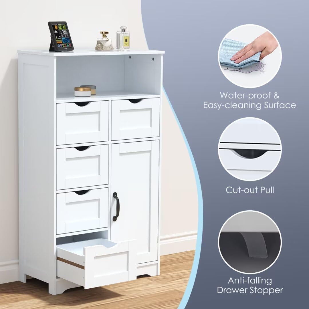 White Wooden Storage Cabinet with Five Drawers and One Door J661580