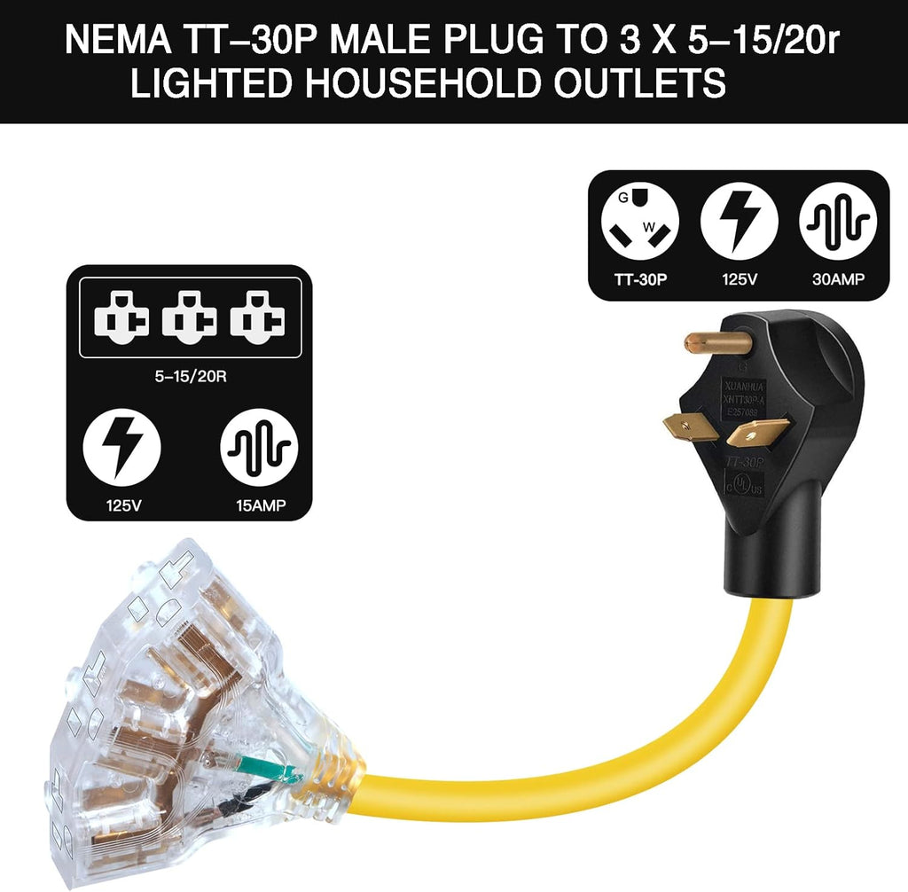 30 Amp to 15 Amp RV Adapter Extension Cord, 3-Way Outlet Splitter, 125 Volt, 10AWG, 2ft D14852