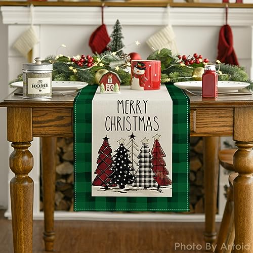 Buffalo Plaid Christmas Trees Merry Xmas Table Runner, 13 x 108 Inch S920