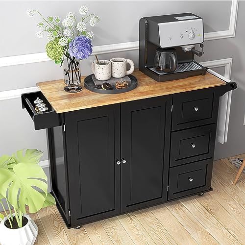 White Rolling Kitchen Cart with Rubber Wood Top P401