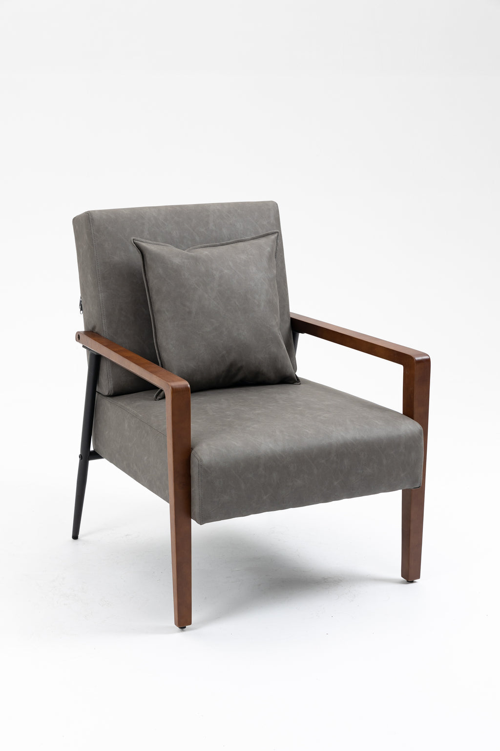 Brown Leather Armchair with Solid Wood Armrest and Removable Cushions A331