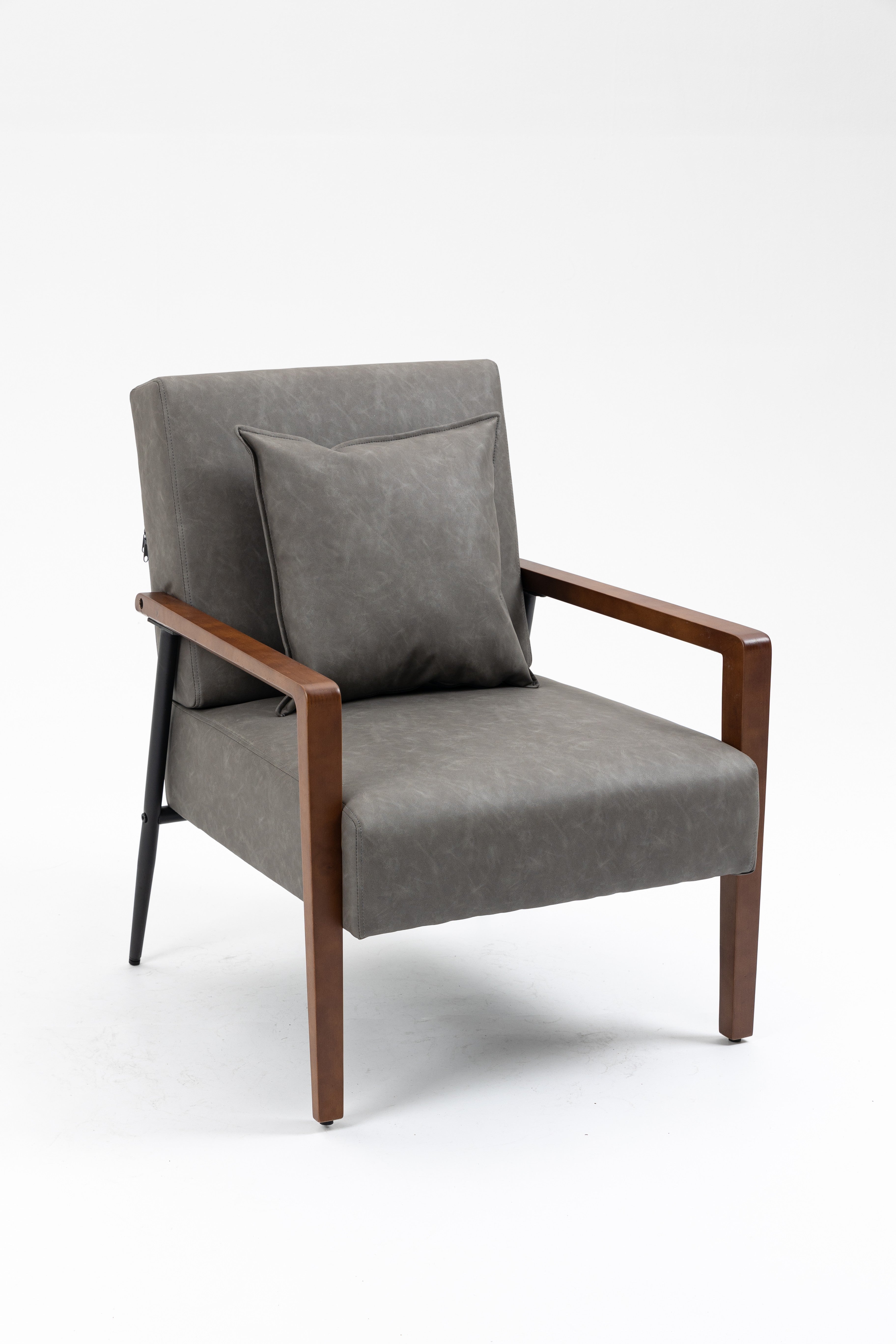 Brown Leather Armchair with Solid Wood Armrest and Removable Cushions A331