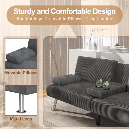 Black Linen Upholstered Convertible Folding Futon Sofa Bed with Removable Armrests, Metal Legs, 2 Cup Holders E765294