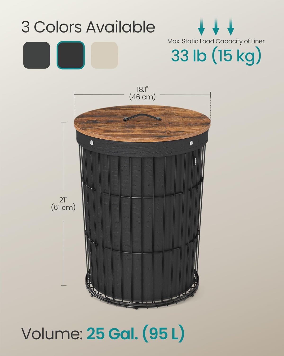 Ink Black 25 Gallons Laundry Hamper with Lid G79348