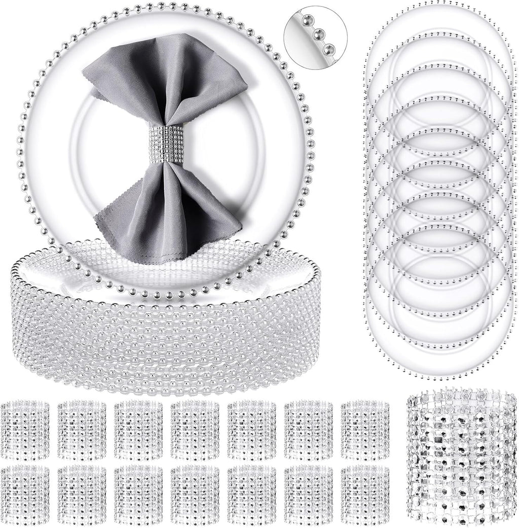 50 Pack Clear Plastic Charger Plates Set 13 Inch with Silver Beaded Rim P890304