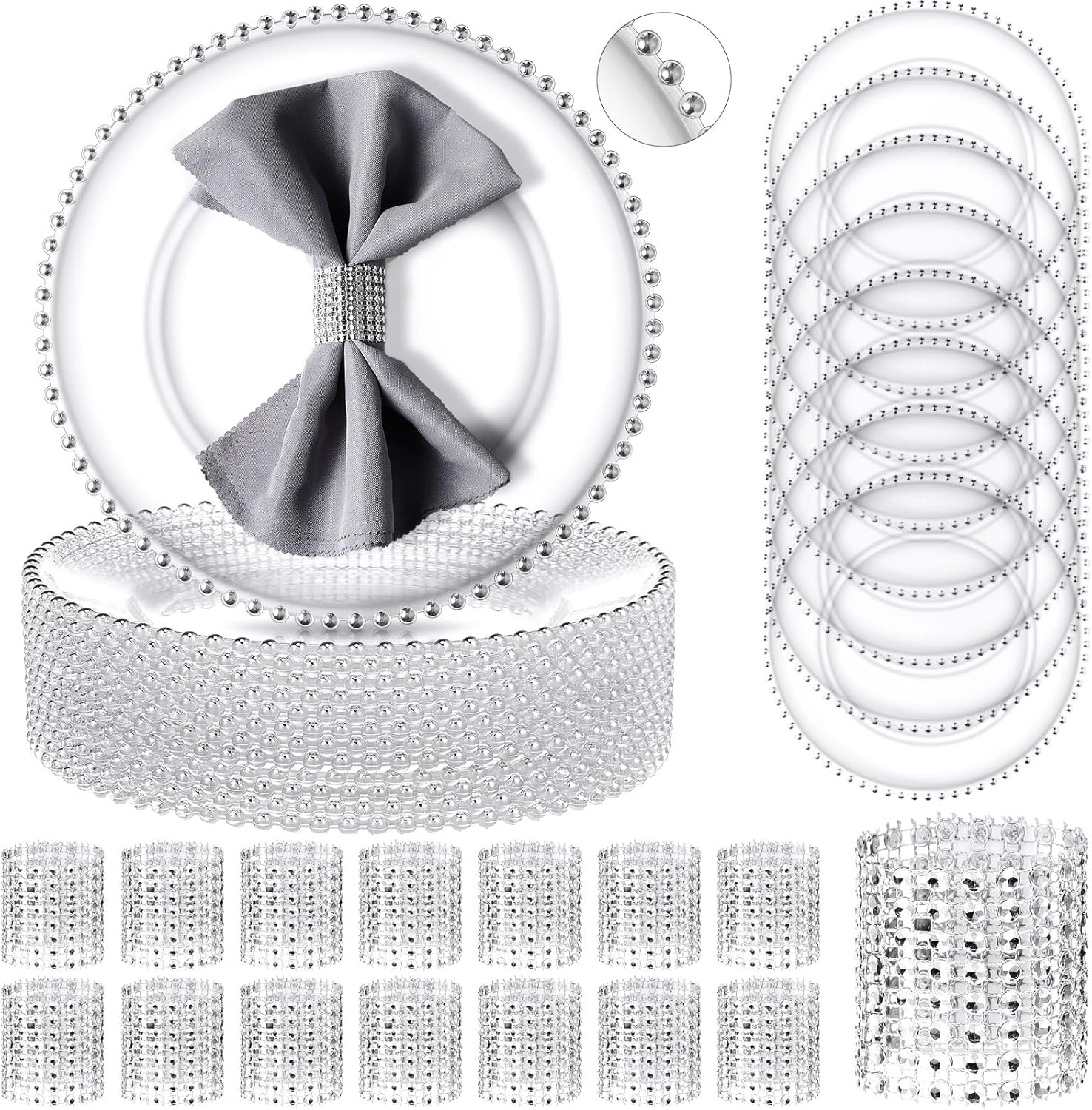 50 Pack Clear Plastic Charger Plates Set 13 Inch with Silver Beaded Rim P890304