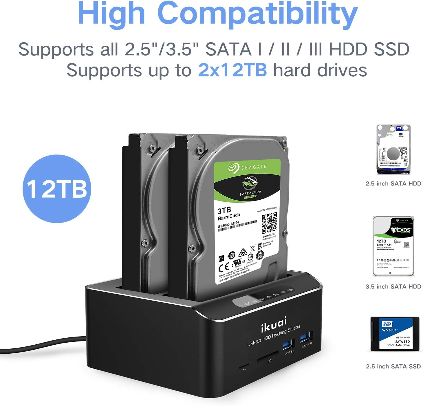 SATA to USB 3.0 Dual Bay Hard Drive Dock for 2.5 and 3.5 SATA HDD SSD with SD TF Card Reader 2 USB 3.0 Ports External Hard Drive Docking Station Pack of 2 H930000