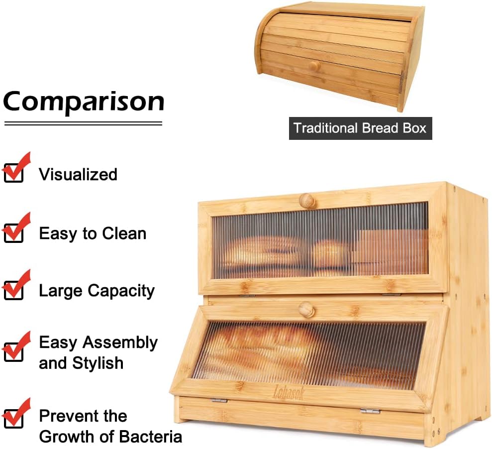 Double Layer Bamboo Bread Box with Window H1402