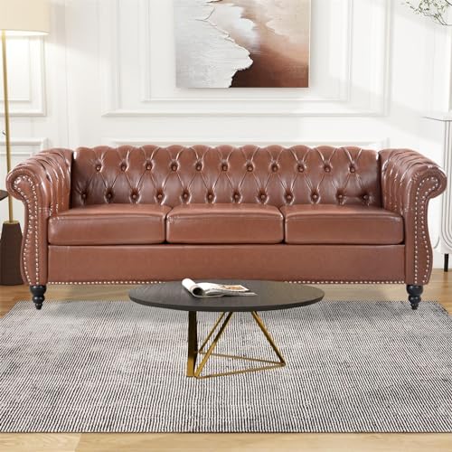 Black Faux Leather 3-seater 84in Sofa with Rolled Arm and Buttoned Chesterfield Z39955